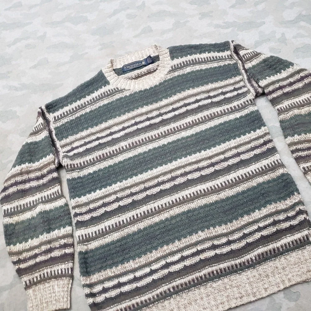 Vintage Crossings Sweater Mens Large Green Striped Pullover 3D Knit Grandpa Core